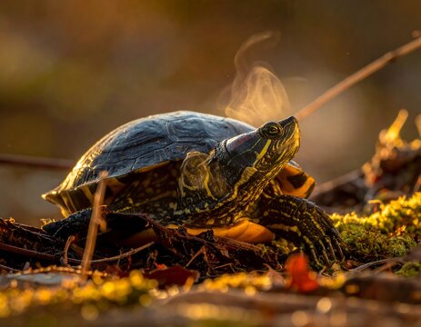 Turtle basking in the sun, steam rising, mossy ground