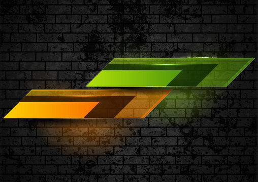 Futuristic green and orange glass quote panel on dark grunge textured background with luminous neon lights. Abstract retro vector design