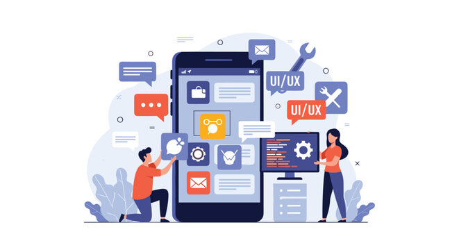 Collaborative mobile application development team works together on user interface design and mobile software engineering.