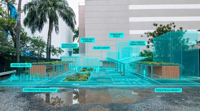 Futuristic low carbon urban design activating vacant lot with sustainable mobility plan