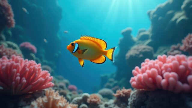 Tropical fish swimming in vivid coral reef, glowing bokeh blue water