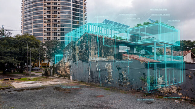 Visionary circular retrofit architecture adding green rooftop system to urban heritage site