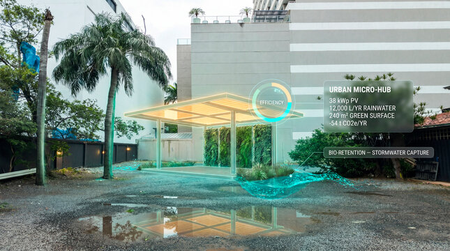 Efficient urban microhub shelter demonstrating rainwater capture and green surface systems
Category: Buildings and Architecture