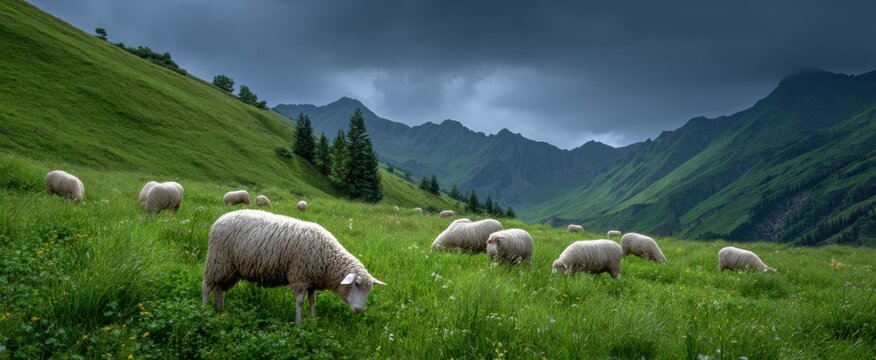Sheep frolic like fluffy clouds in a lively alpine pasture beneath a brooding sky