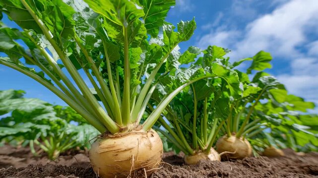 Sugar beets growing in the ground, against a blue sky. Green leaves vegetables and large white roots go into rich soil. Field of sugar beet plants, grow in rows. Crop development, farming efficiency