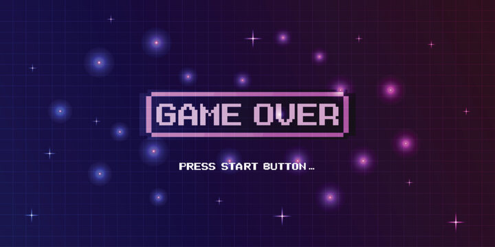 Game Over, Retro games for game assets in retro futuristic sci-fi background vector illustration. Glowing neon from an old arcade