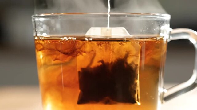 Tea Steeping in Clear Glass Mug on Table