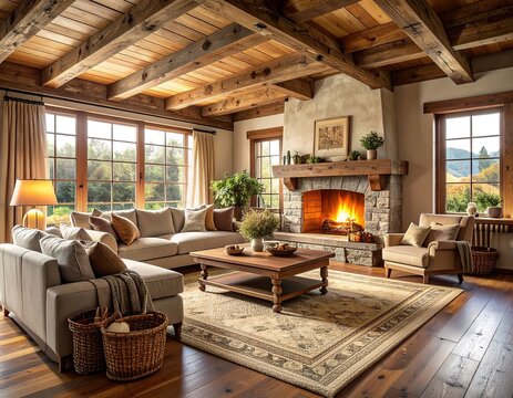 Cozy rustic living room interior with a warm stone fireplace and wooden ceiling beams.