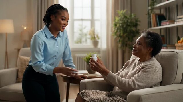 Smiling healthcare worker hands a pill bottle to a senior woman sitting on a couch in a bright, modern living room with plants and natural light.