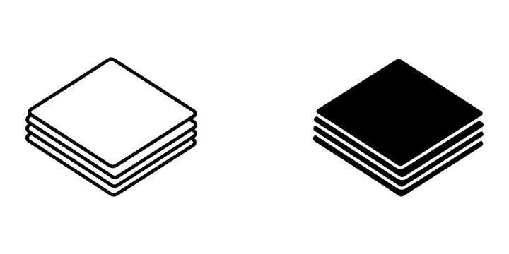 Stack of squares icon isometric view outlined and solid black vector illustration.