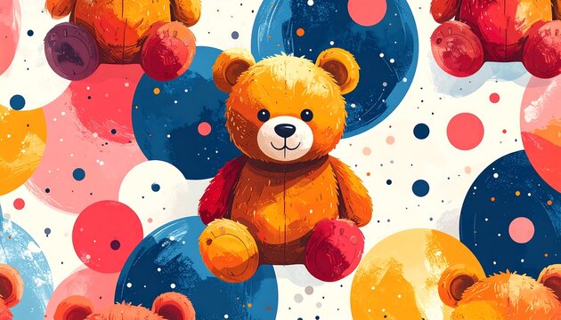 Whimsical illustration of adorable teddy bears amidst vibrant colorful spheres