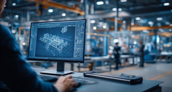 Engineer working on CAD software in a factory setting.