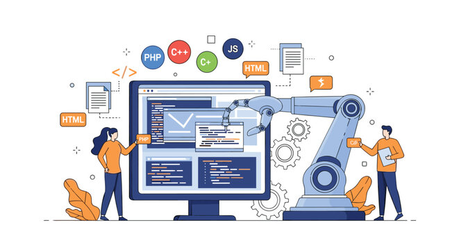 Industrial robotic arm helping software developers with coding tasks and web interface design in a high-tech lab environment.