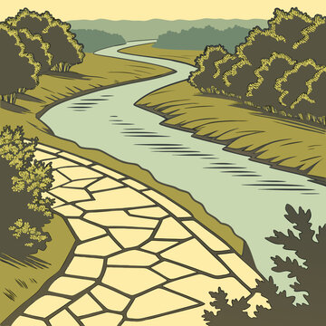 Winding river path with trees and fields dirt road landscape countryside outdoors background illustration peaceful recreation exploration vegetation