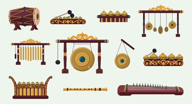 Traditional Indonesian Gamelan Musical Instruments Illustration Set, Javanese and Balinese Cultural Heritage Orchestra Concept