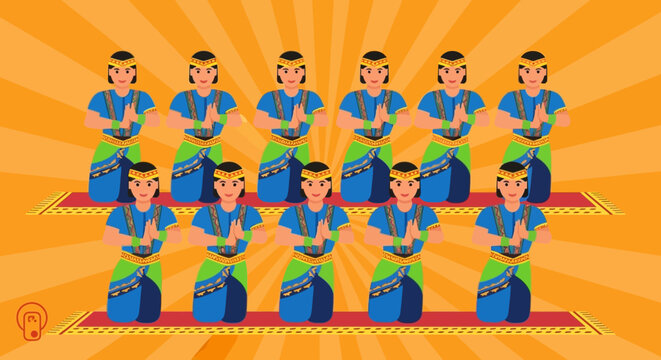Traditional Indonesian Saman Dance Illustration, Acehnese Group Performance in Colorful Costumes, Southeast Asian Cultural Heritage Concept