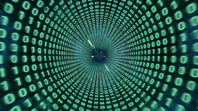 A mesmerizing tunnel vision effect is created by a swirling vortex of binary code, symbolizing the digital world and data streams.