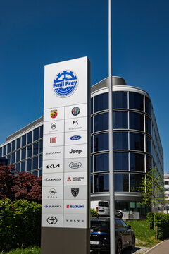 Zurich, Switzerland, April 23, 2026. Emil Frey Autocity car dealership signage and brand directory at Zurich North office