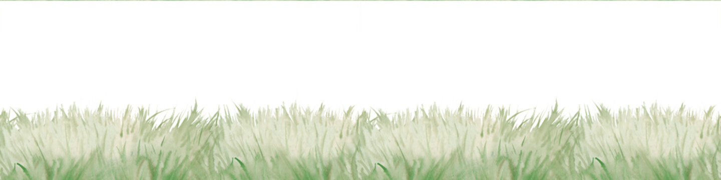Horizontal seamless border of lush green grass. Watercolor illustration with soft transitions on an isolated background. Ideal for website footers, spring greeting cards, eco-friendly packaging