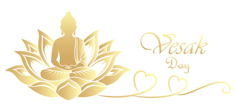 Vector illustration of a golden silhouette of a Buddha statue with the greeting "Vesak Day"
