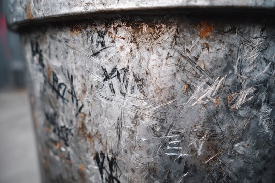 Heavily dented and scratched metallic trash can surface urban vandalism texture.