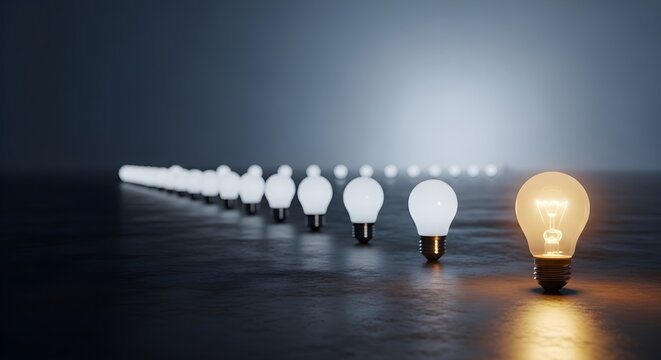 Leading the Way: A Row of Figures with a Bright Idea Among Silent Beacons.