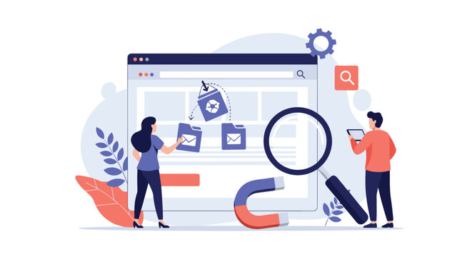 Marketing team uses search tools and lead generation magnets to organize and analyze customer data within a digital platform.