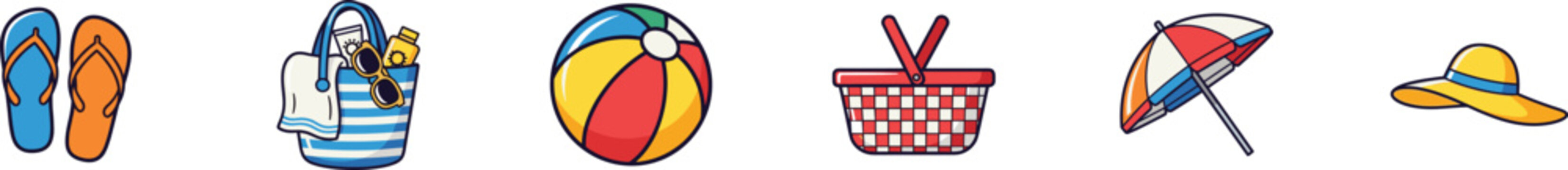 Vector icon set of summer beach day essentials and seaside vacation items.