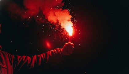 A close-up shot of a hand holding a glowing red emergency flare against a dark, night-time background with smoke and embers. © dang
