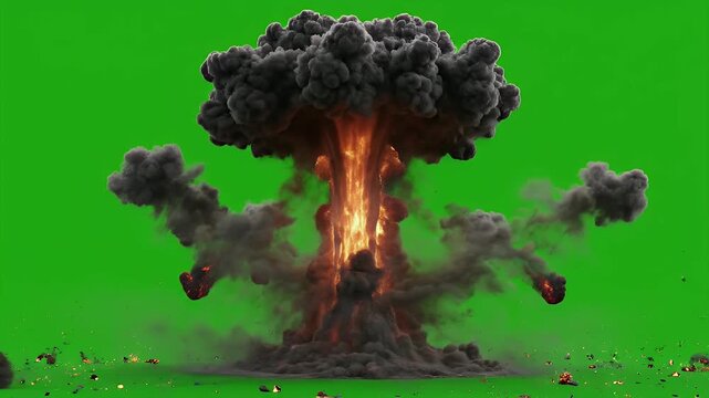 A dramatic explosion effect is isolated on a vibrant green screen background.