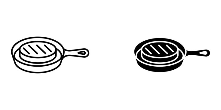 Skillet pan with grilled meat steak icon set in outline and solid style isolated on white background for restaurant menu layout or kitchen utensil graphic design element for food cooking illustration.