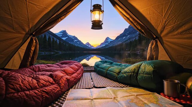 View from camping tent of lake and mountains at sunset