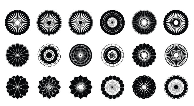 Black and White Floral Mandala Rosette Symbols for Decorative Ornament Design