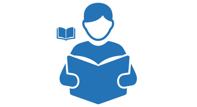 Icon depicting person reading a book, blue silhouette on white background