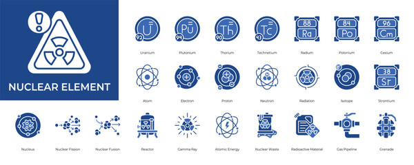 Nuclear Element Icon set Collection in Glyph Two Color Style. uranium, energy, radiation, neutron, proton, electron, atom, © Auric