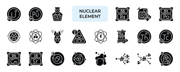 Nuclear Element Icon set Collection in Solid Glyph Style. uranium, energy, radiation, neutron, proton, electron, atom, © Auric