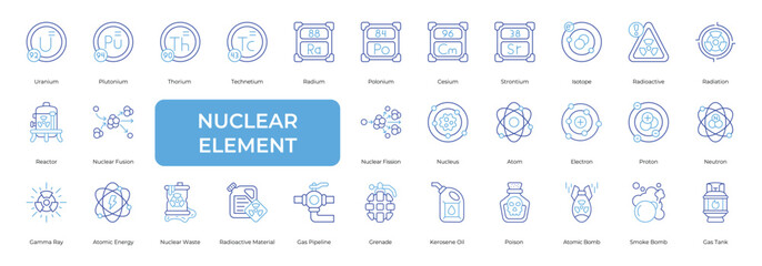 Nuclear Element Icon set Collection in Line Two Color Style. uranium, energy, radiation, neutron, proton, electron, atom, © Auric