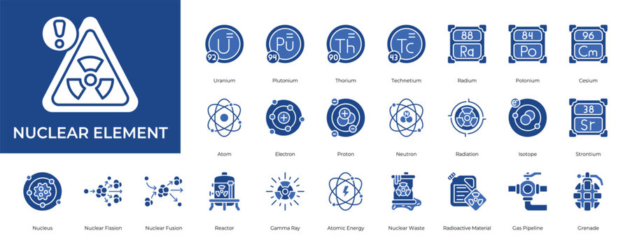 Nuclear Element Icon set Collection in Glyph Two Color Style. uranium, energy, radiation, neutron, proton, electron, atom,