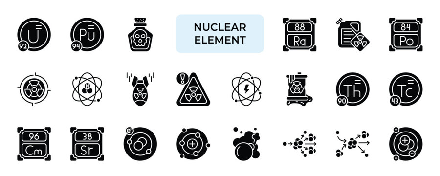 Nuclear Element Icon set Collection in Solid Glyph Style. uranium, energy, radiation, neutron, proton, electron, atom,
