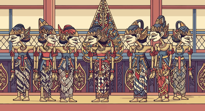 Traditional Javanese Wayang Kulit Shadow Puppets: Indonesian Cultural Heritage Illustration with Gunungan and Traditional Characters for Educational and Artistic Design