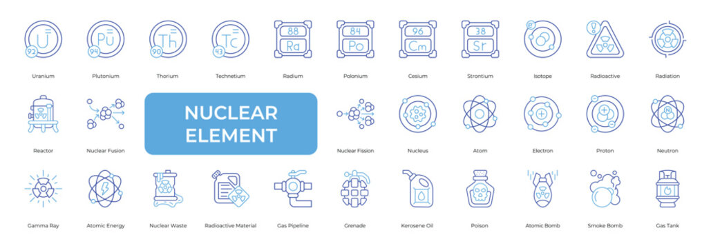 Nuclear Element Icon set Collection in Line Two Color Style. uranium, energy, radiation, neutron, proton, electron, atom,