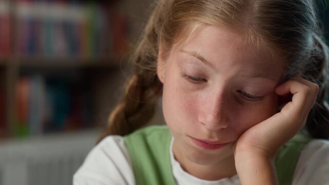 Portrait upset Caucasian kid daughter child school little girl thinking hesitate problem study learning education exhausted pupil think frustrated stressed with studying homework learning exam indoors