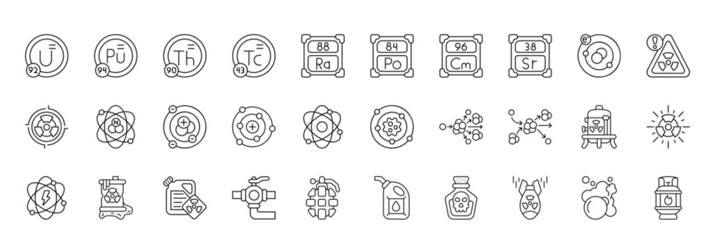 Nuclear Element Icon set Collection in Line Style. uranium, energy, radiation, neutron, proton, electron, atom,