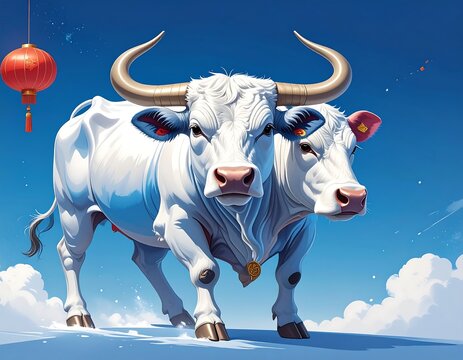 Two-headed white ox with curled horns under a blue sky, lantern visible
