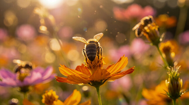 Close-up macro shot of busy bee collecting nectar from vibrant orange cosmos flower in sun-drenched meadow, with soft bokeh background of pink and yellow blossoms, highlighting pollination and beauty 