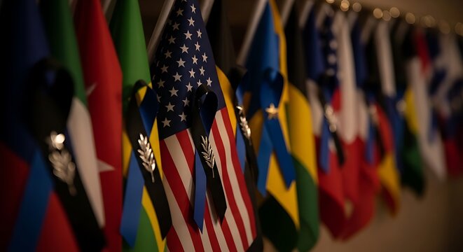 A row of hanging international flags with the American flag in focus.