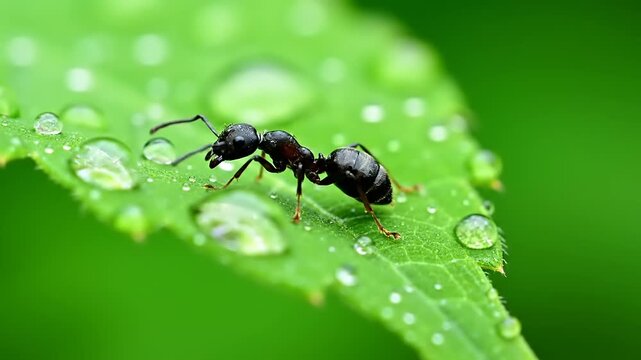 Close-up of an ant on a green leaf with water droplets.