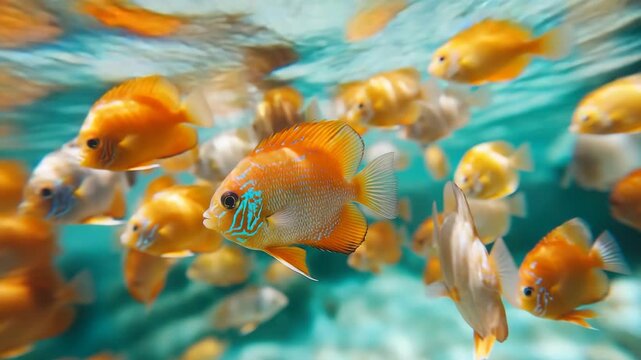 Close-up of a school of orange and yellow fish swimming underwater in tropical water