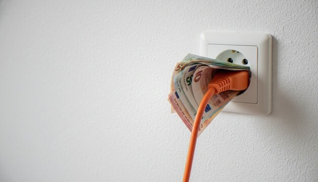An orange electrical plug combined with Euro banknotes plugged into a white wall socket representing rising energy costs and electricity prices.