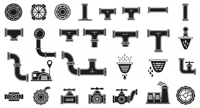 Collection of plumbing pipe fittings and valves icons.